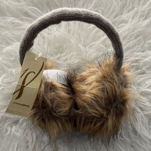 One size platinum taupe faux fur ear muffs with beaded embellishments